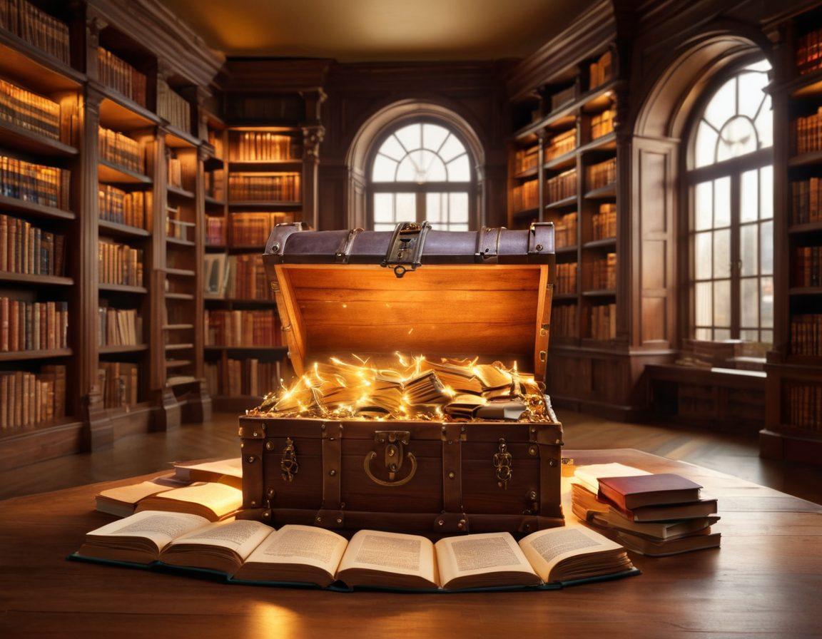An open treasure chest overflowing with glowing books and scrolls, symbolizing a wealth of knowledge. Surround the chest with a diverse group of people engaged in discussion, each holding a piece of information, with light beams illuminating the area. Background features a library with vast shelves filled with resources and a large globe representing community connection. Soft, inviting colors. super-realistic. vibrant colors.