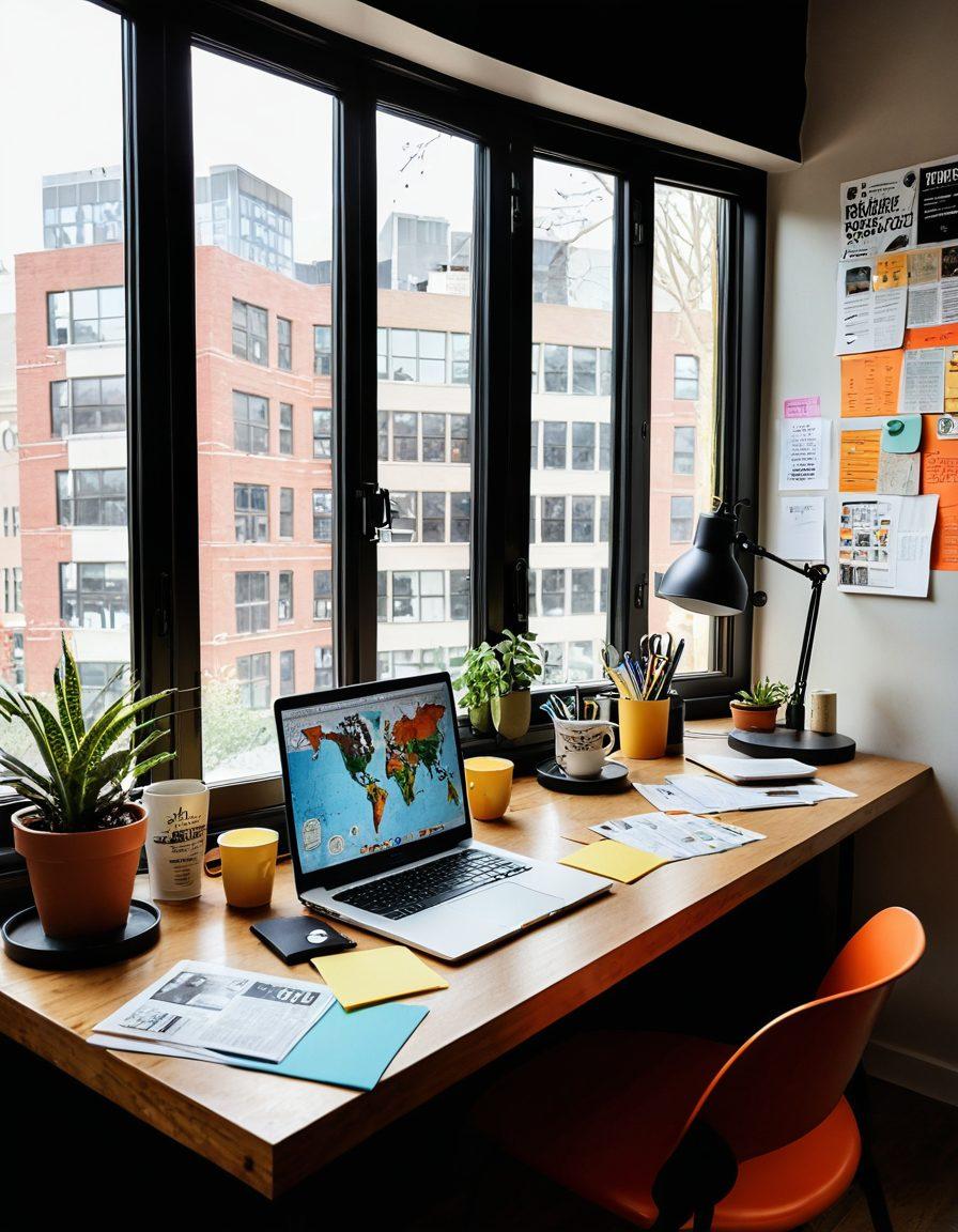A modern workspace filled with news articles and newspapers scattered around, a laptop displaying current events on its screen, coffee cups, and sticky notes with ideas. A globe symbolizing global awareness sits prominently. Soft natural light filtering through a window. super-realistic. vibrant colors. cozy atmosphere.