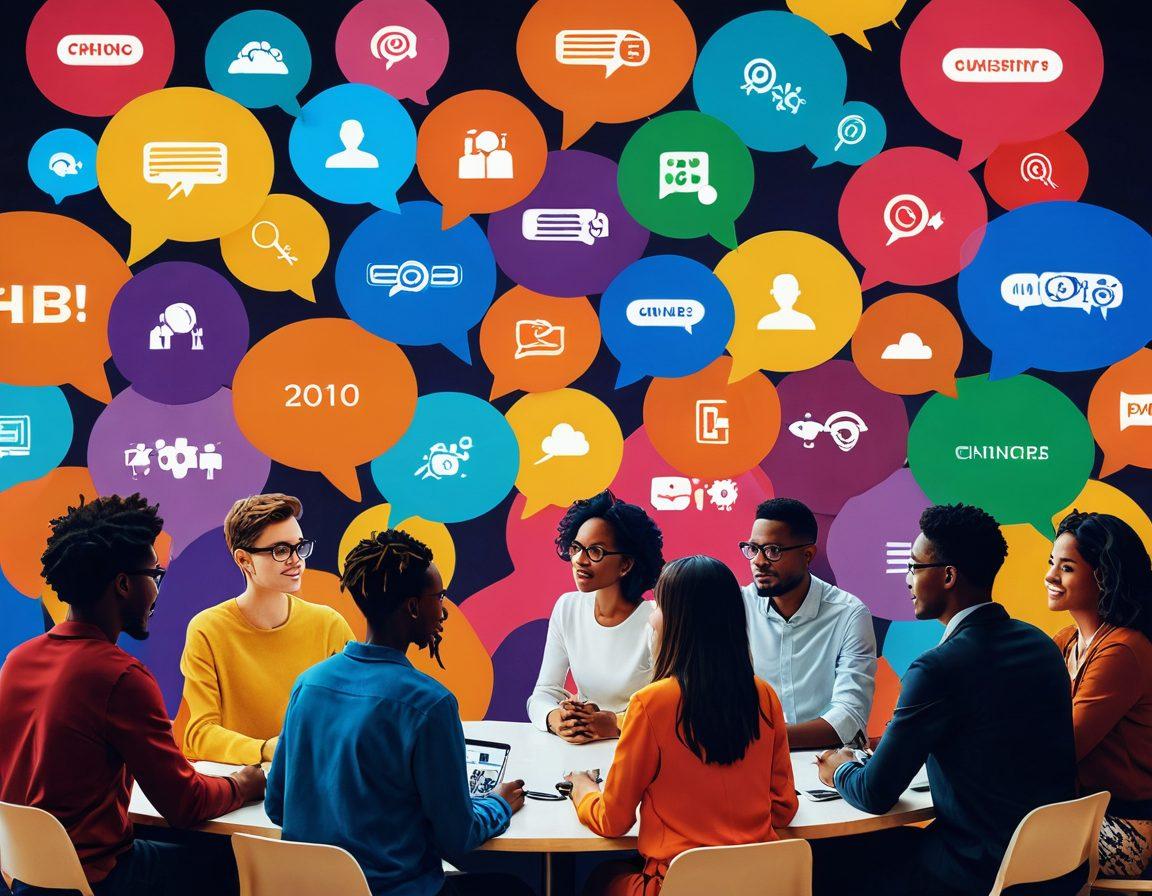 A dynamic online hub featuring diverse individuals engaging in lively discussions, with thought bubbles illustrating expert opinions and peer interactions. Include elements like digital screens displaying chat messages and colorful icons symbolizing various topics. The setting should evoke a sense of connection and community, blending warm colors to enhance a welcoming atmosphere. super-realistic. vibrant colors. modern digital art.